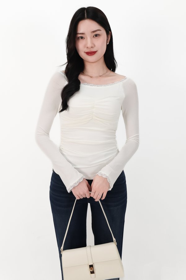 DEFECT | Lessie Lace Trim Long Sleeve Top in White in M