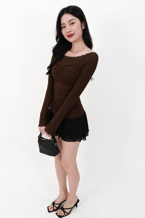 Lessie Lace Trim Long Sleeve Top in Dark Brown