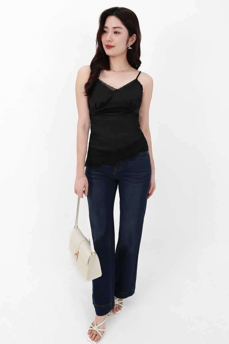 Avery Asymmetrical Lace Trim Top in Black