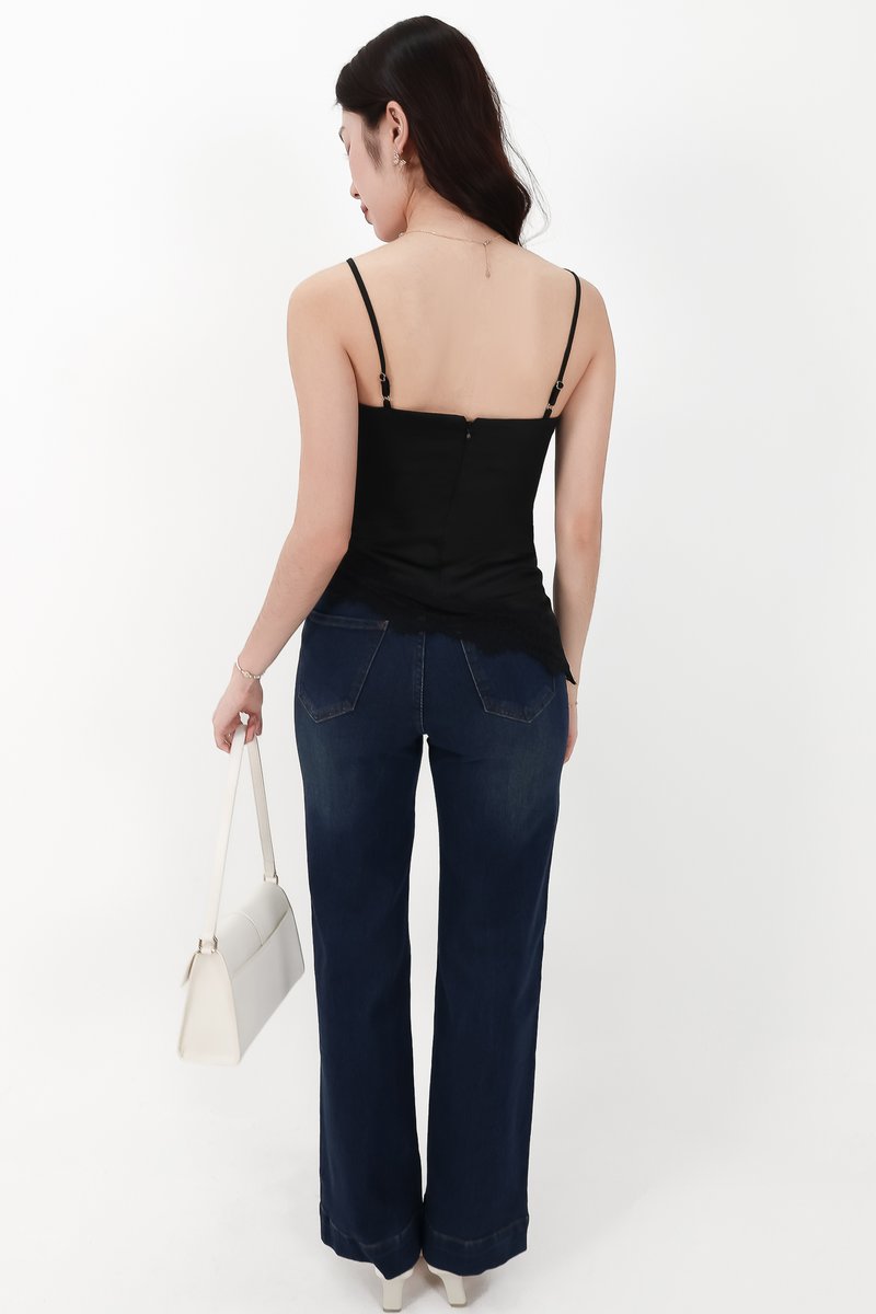 Avery Asymmetrical Lace Trim Top in Black