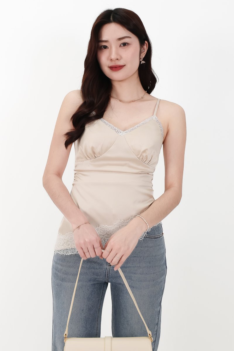 Avery Asymmetrical Lace Trim Top in Light Champagne