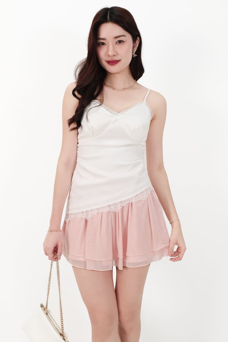 Avery Asymmetrical Lace Trim Top in White