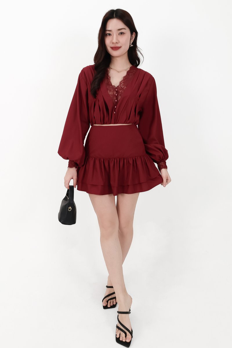 Carey Co-ord Lace Trim Blouse in Dark Red