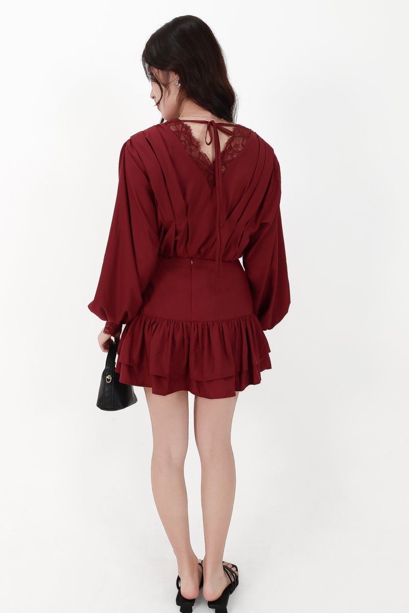 Carey Co-ord Lace Trim Blouse in Dark Red