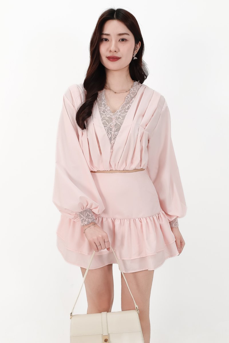 Carey Co-ord Lace Trim Blouse in Light Pink