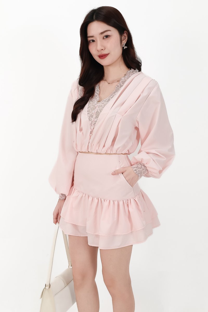 Carey Co-ord Lace Trim Blouse in Light Pink