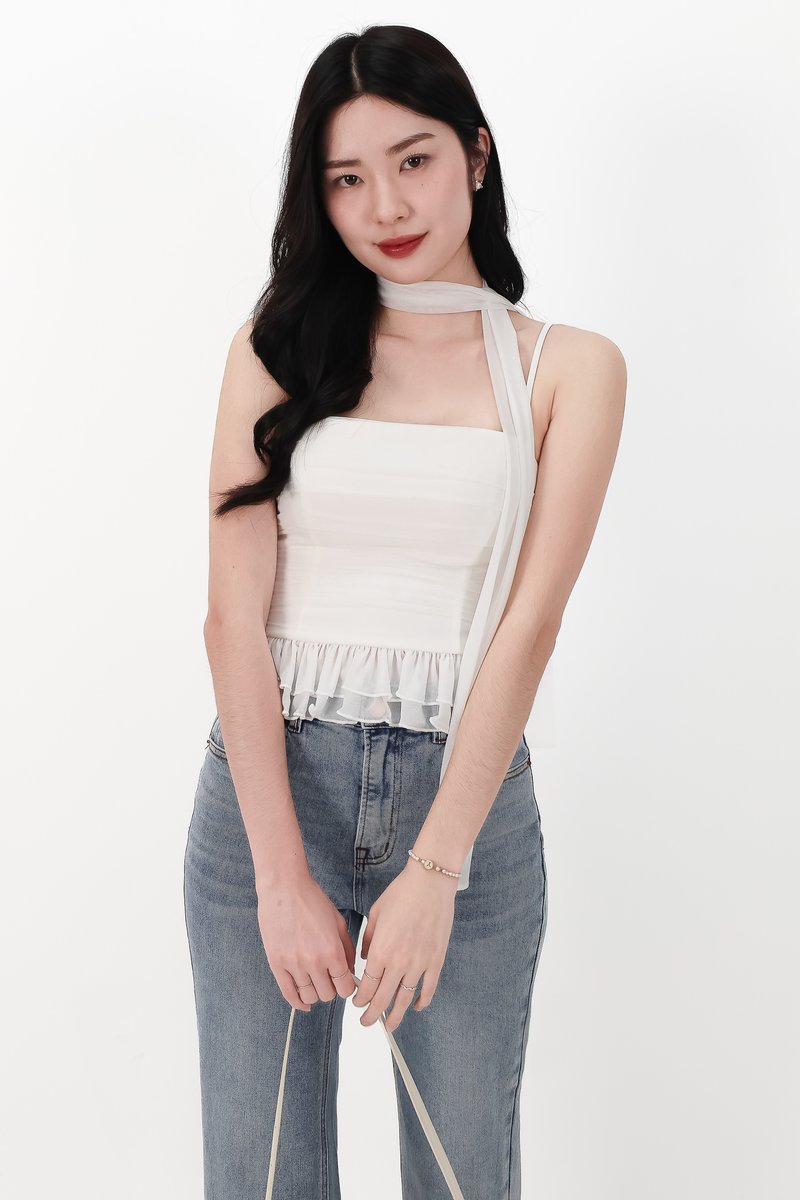 Molly Mesh Peplum Top with Sash in White