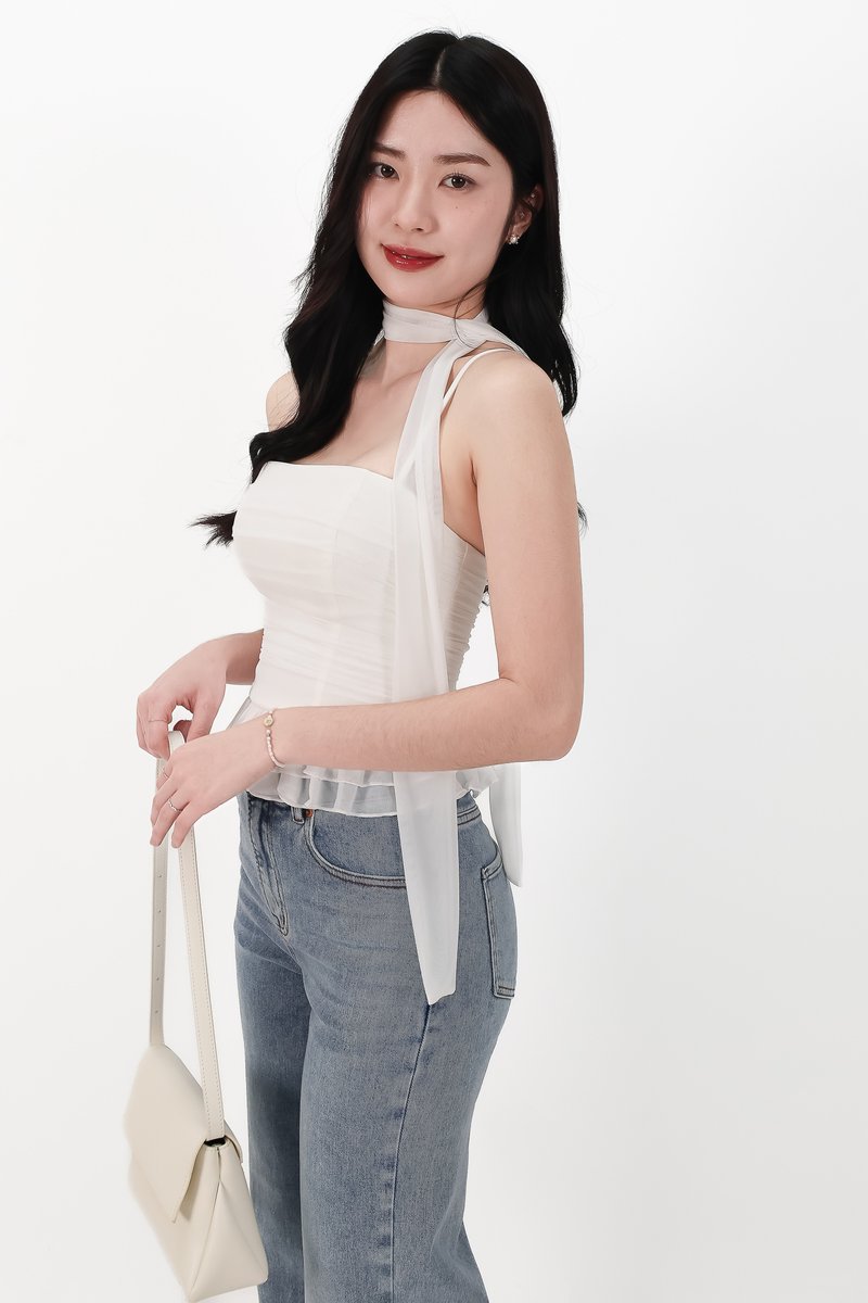 Molly Mesh Peplum Top with Sash in White
