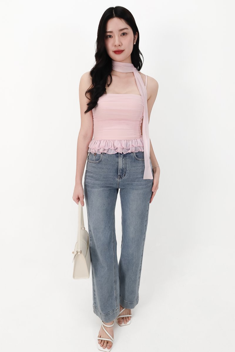 Molly Mesh Peplum Top with Sash in Light Pink