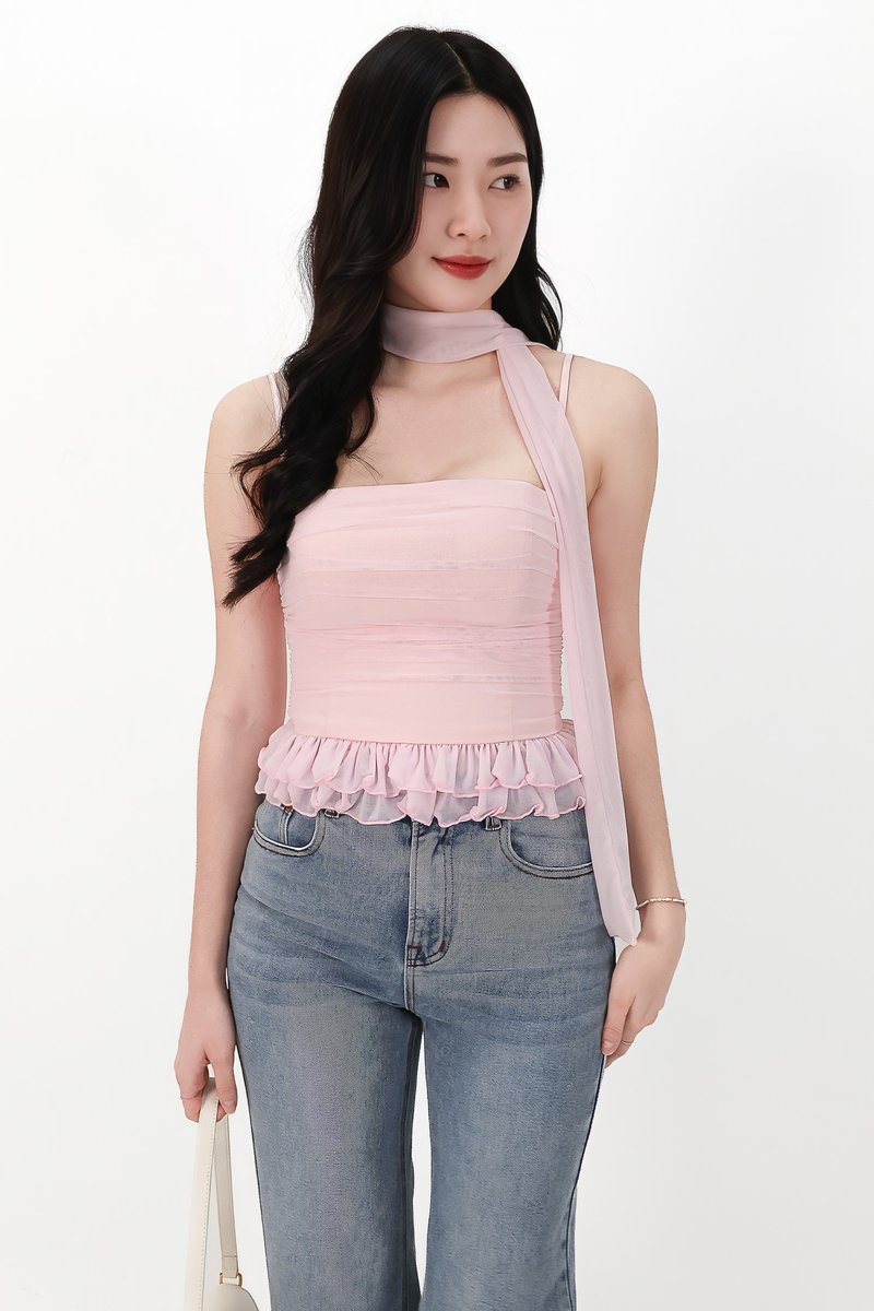 Molly Mesh Peplum Top with Sash in Light Pink