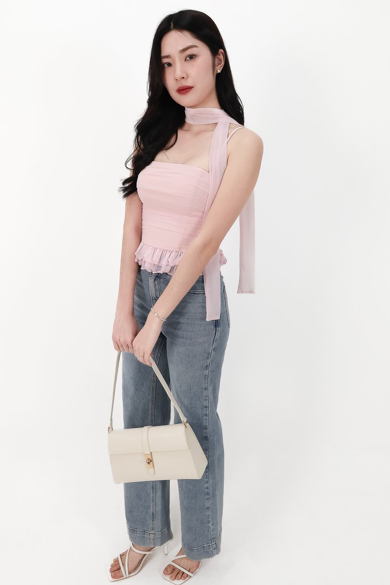 Molly Mesh Peplum Top with Sash in Light Pink