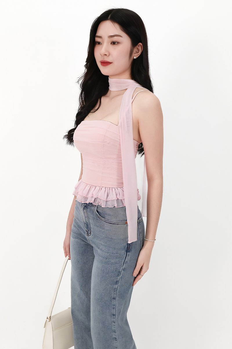 Molly Mesh Peplum Top with Sash in Light Pink