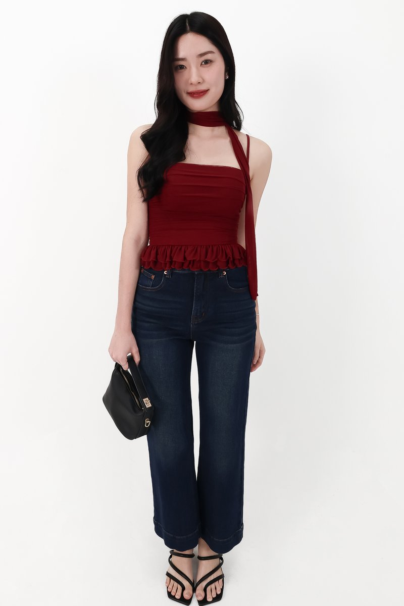 Molly Mesh Peplum Top with Sash in Dark Red