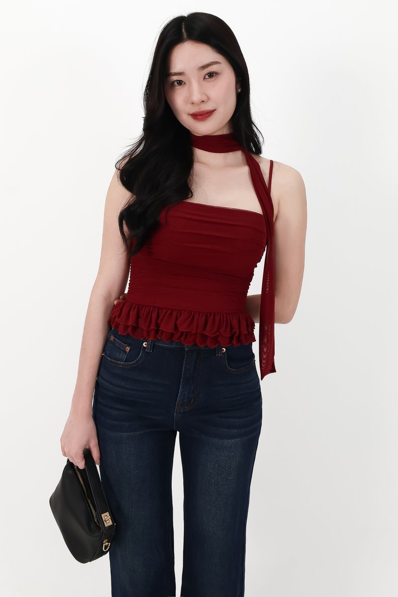 Molly Mesh Peplum Top with Sash in Dark Red