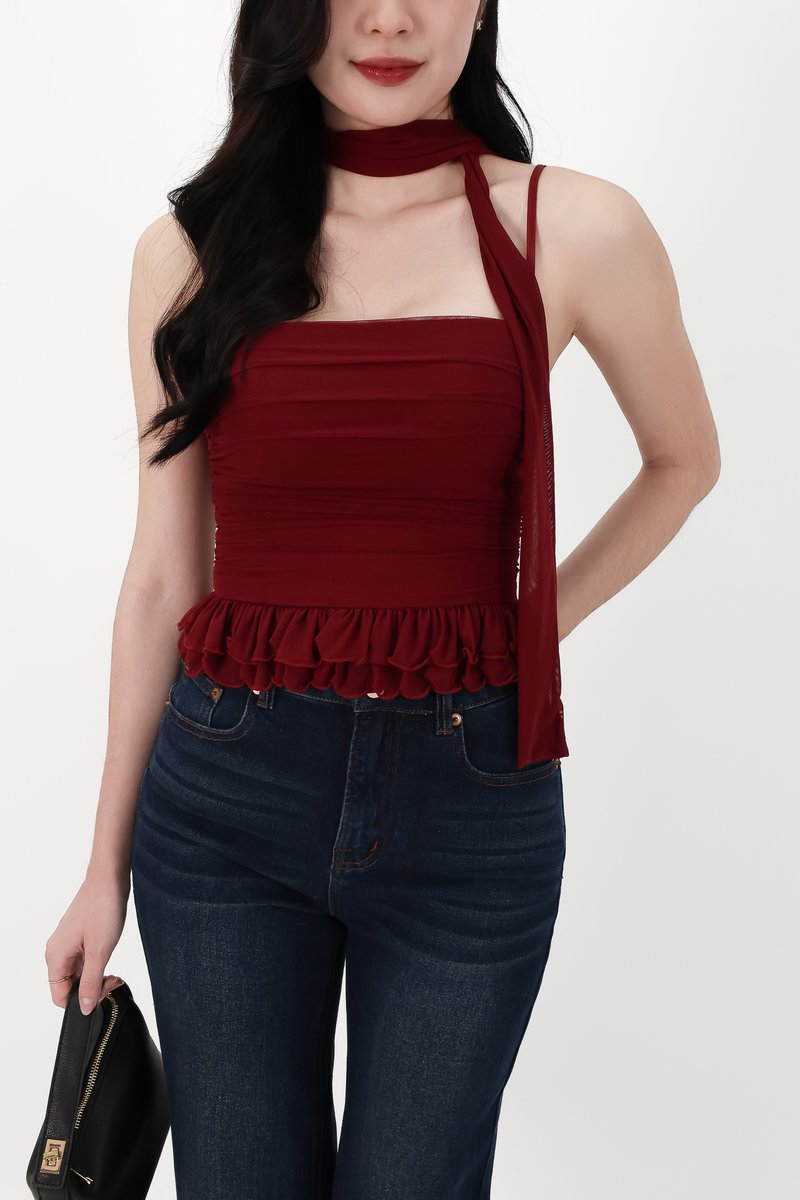Molly Mesh Peplum Top with Sash in Dark Red