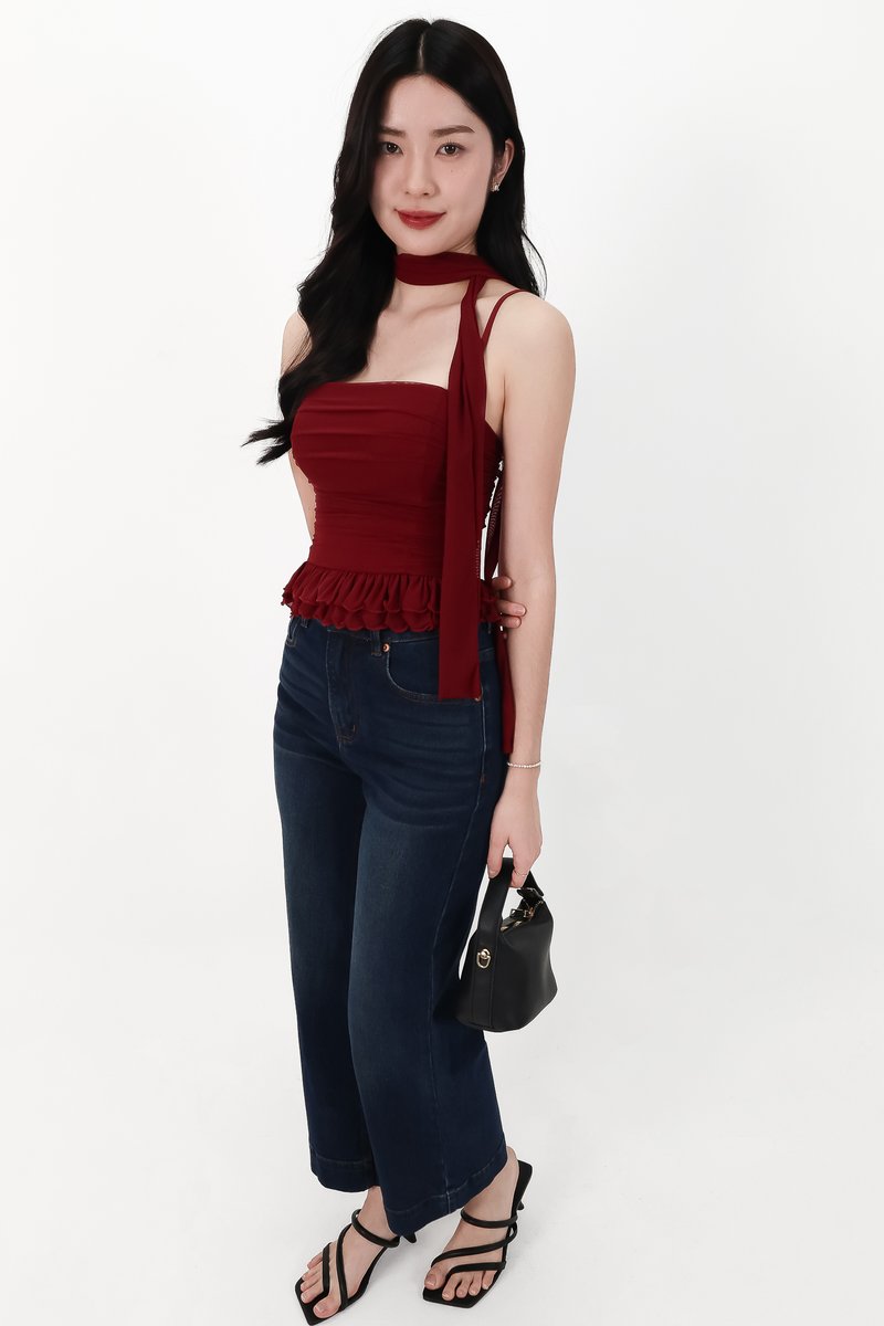 Molly Mesh Peplum Top with Sash in Dark Red