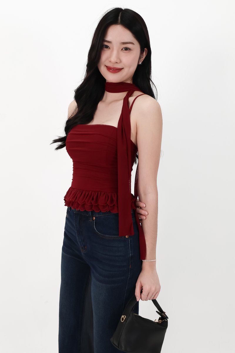 Molly Mesh Peplum Top with Sash in Dark Red