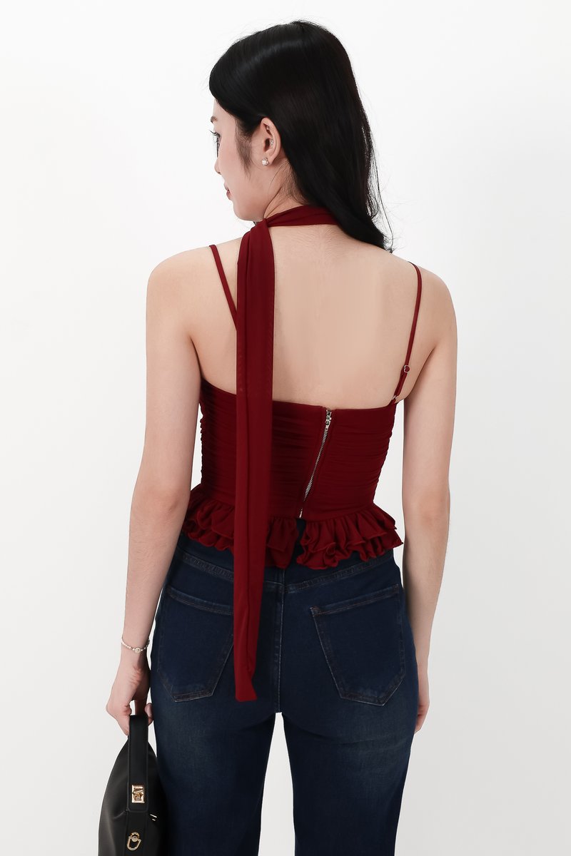 Molly Mesh Peplum Top with Sash in Dark Red
