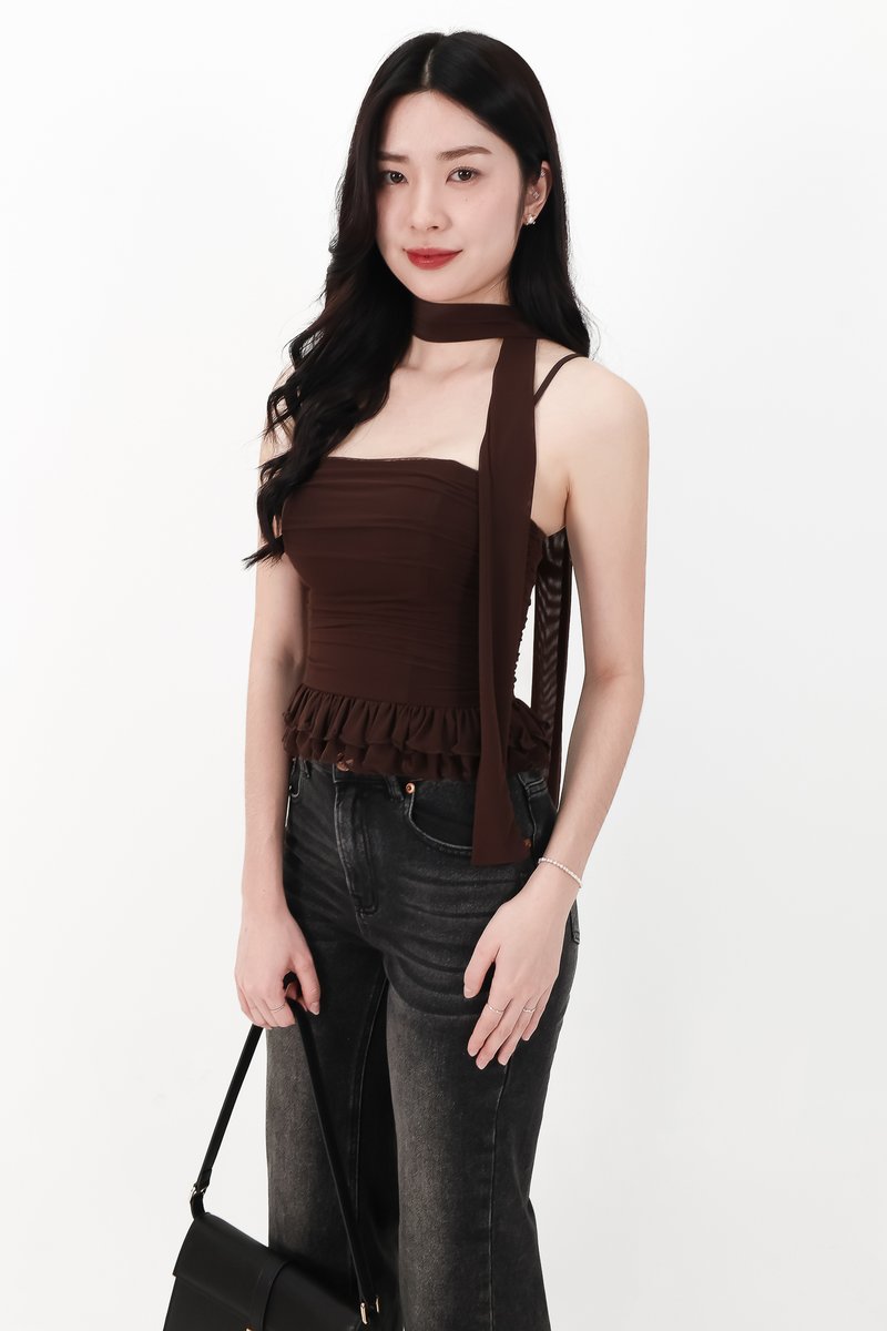 Molly Mesh Peplum Top with Sash in Dark Brown
