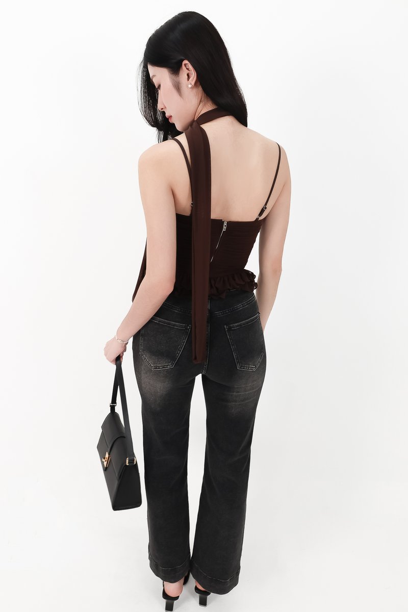 Molly Mesh Peplum Top with Sash in Dark Brown