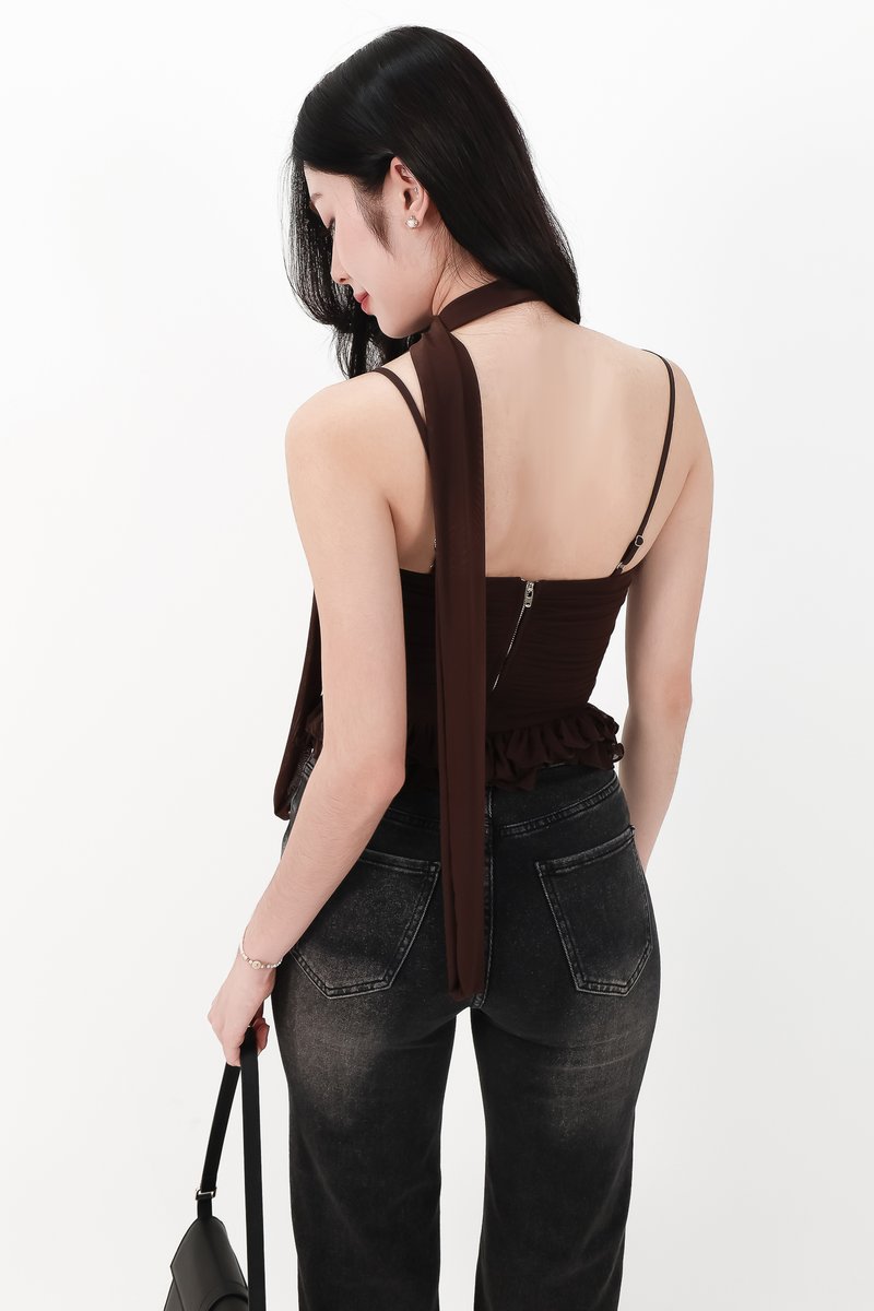 Molly Mesh Peplum Top with Sash in Dark Brown