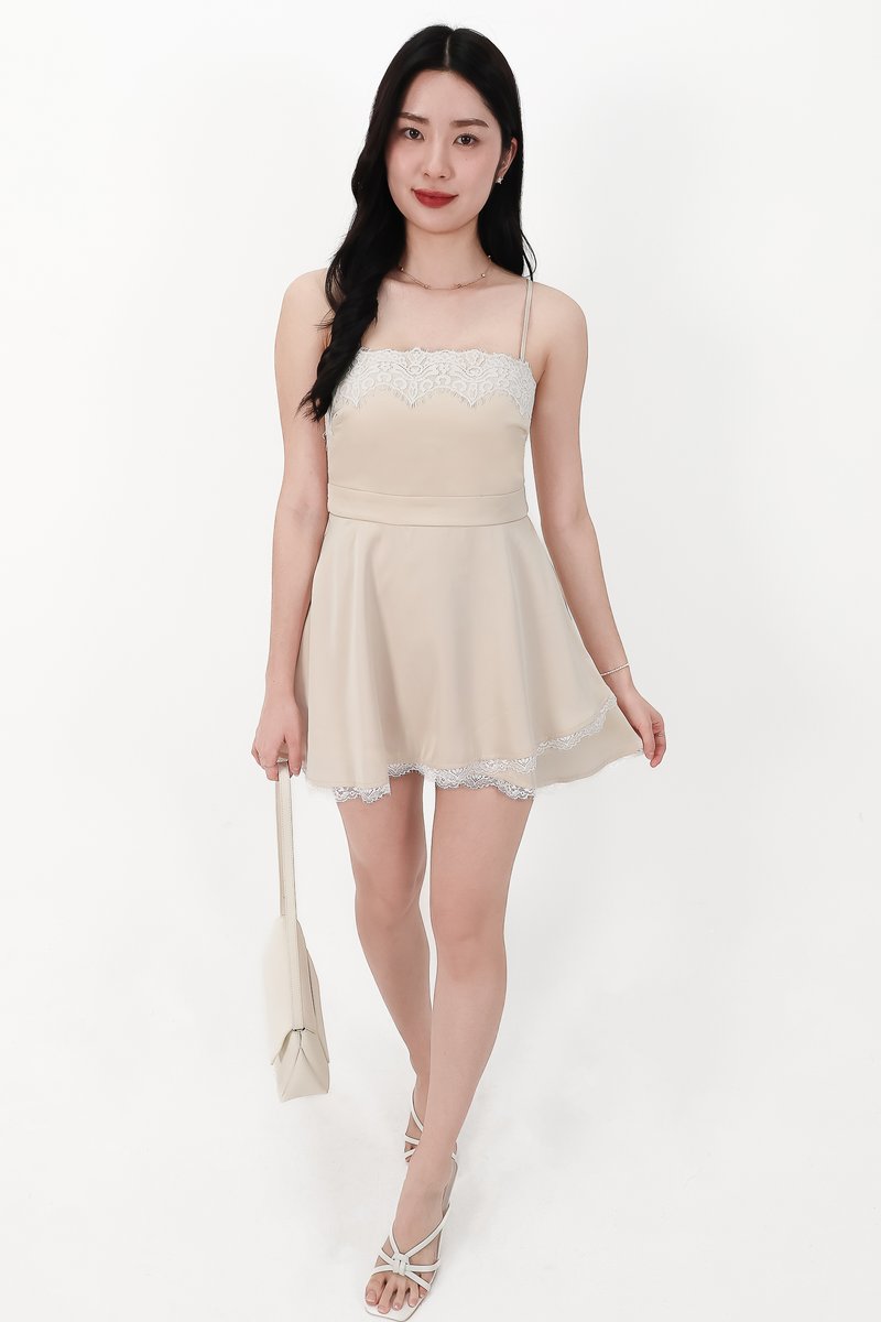 SALE EXCLUSIVE | Lindsie Lace Trim Romper Dress in Champagne