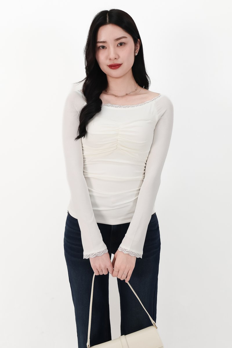Lessie Lace Trim Long Sleeve Top in White