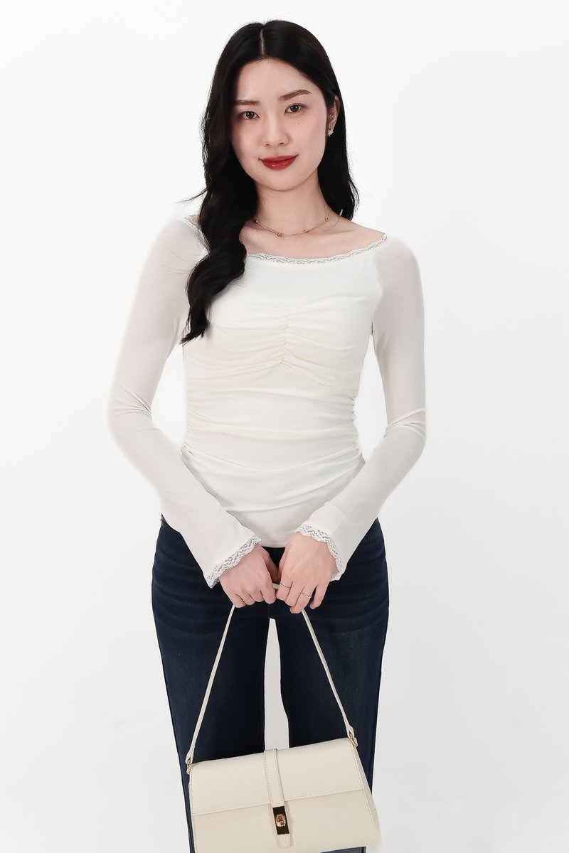 Lessie Lace Trim Long Sleeve Top in White