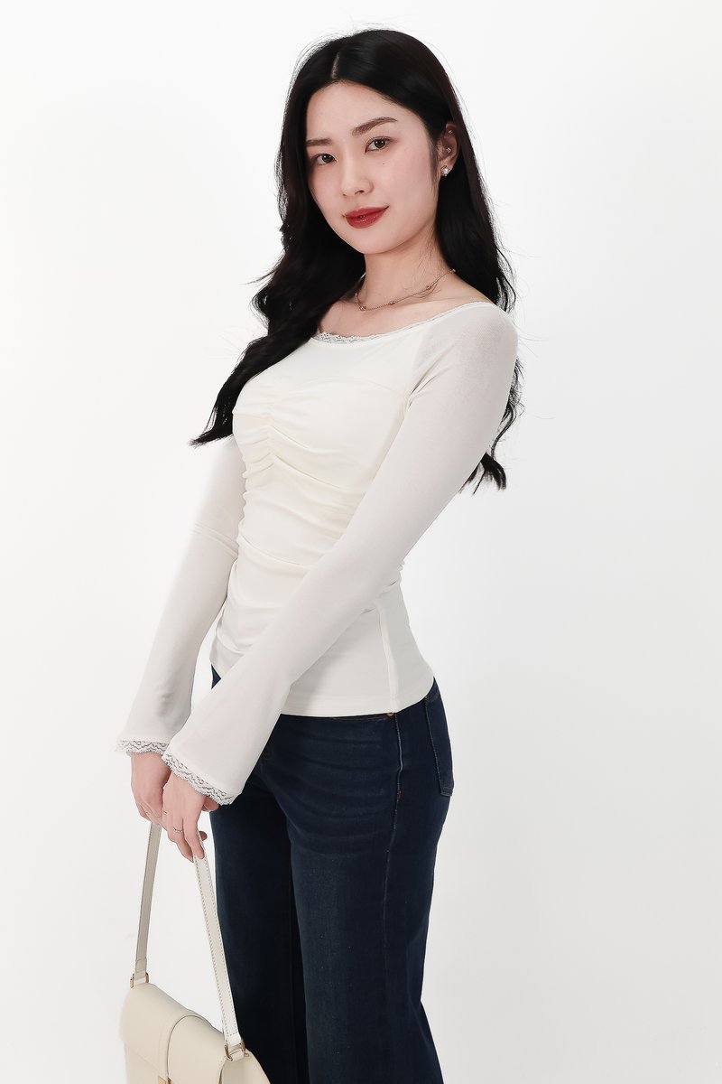 Lessie Lace Trim Long Sleeve Top in White