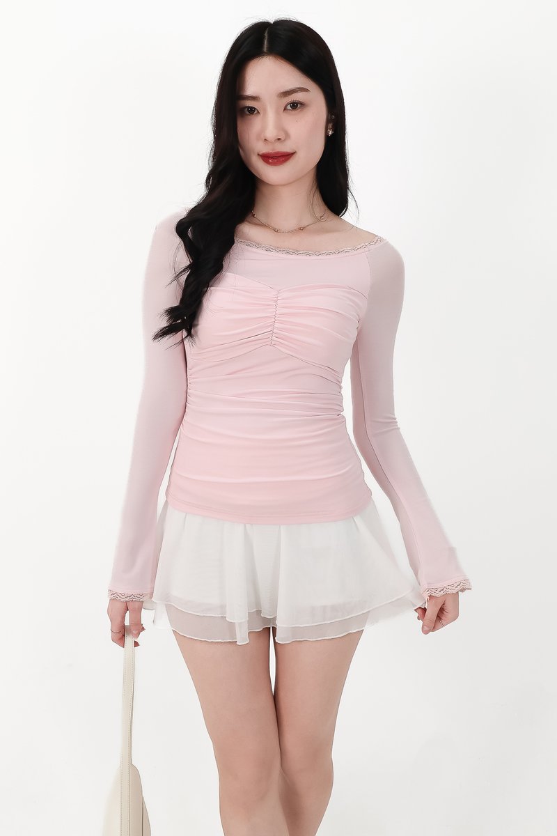 Lessie Lace Trim Long Sleeve Top in Light Pink
