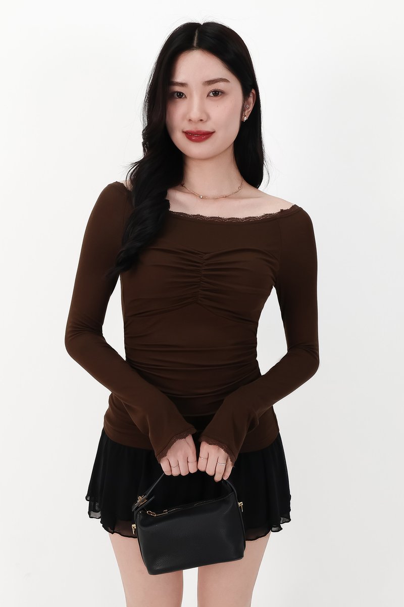 Lessie Lace Trim Long Sleeve Top in Dark Brown