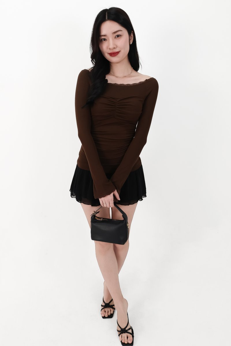 Lessie Lace Trim Long Sleeve Top in Dark Brown