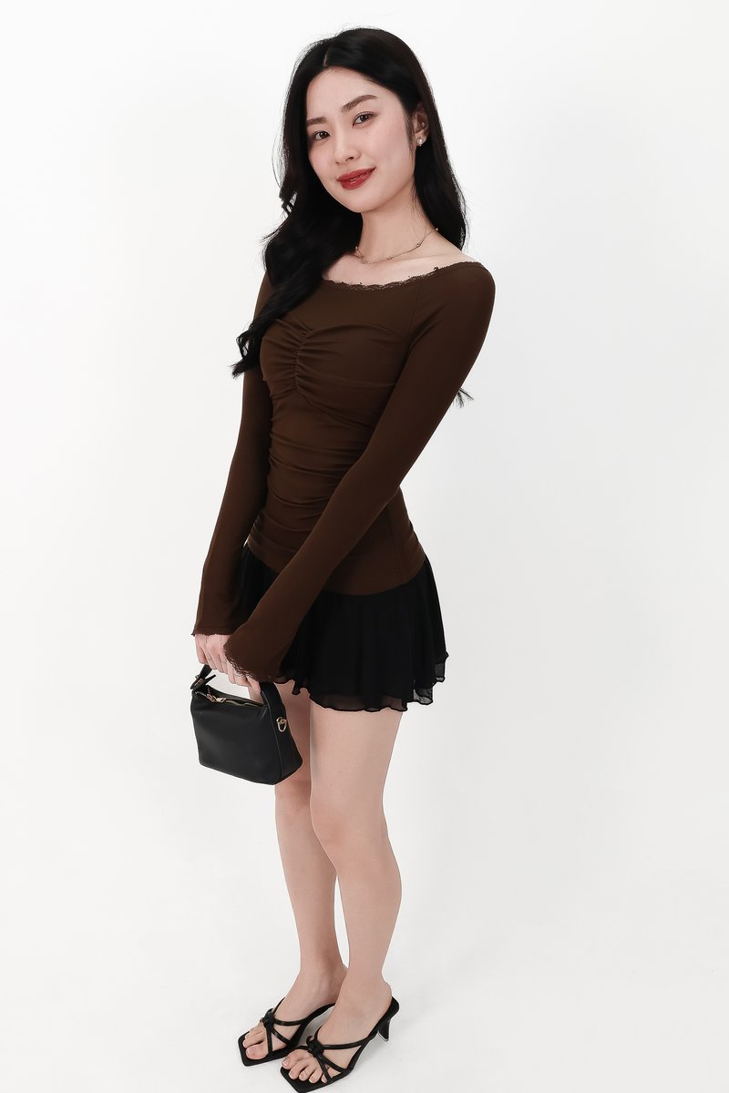 Lessie Lace Trim Long Sleeve Top in Dark Brown