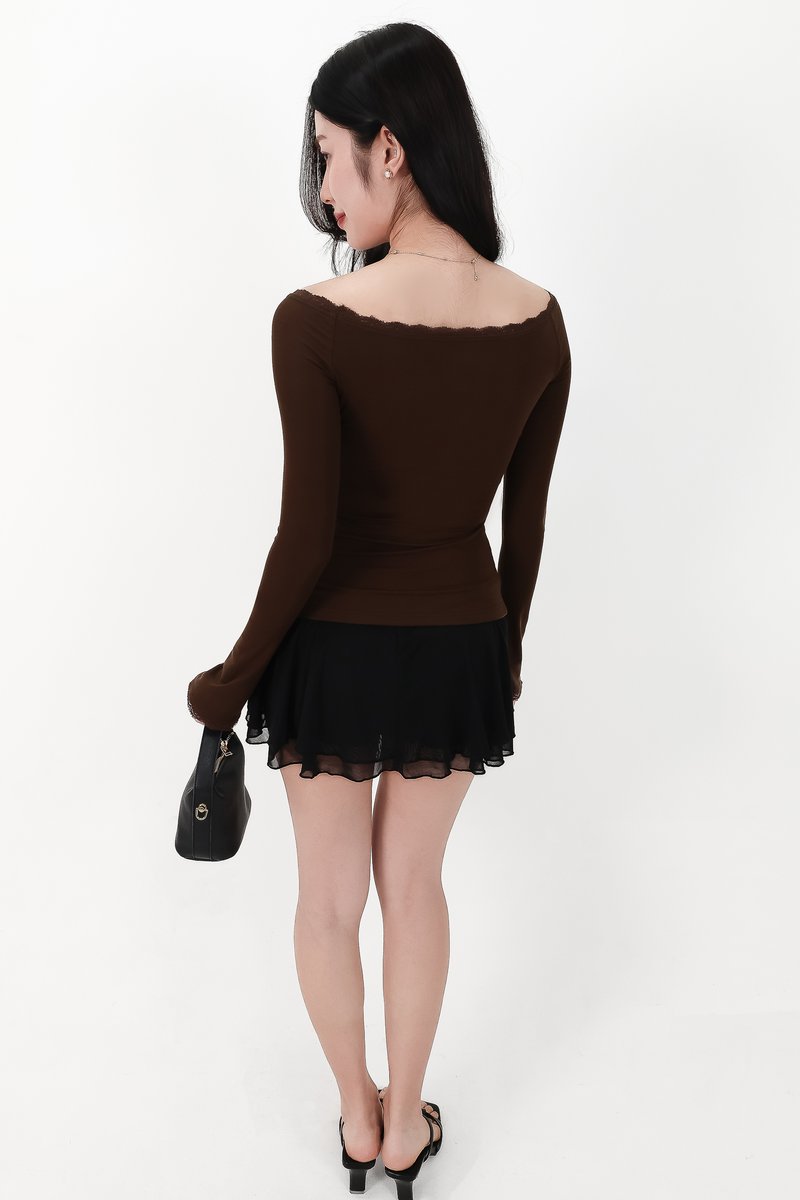 Lessie Lace Trim Long Sleeve Top in Dark Brown