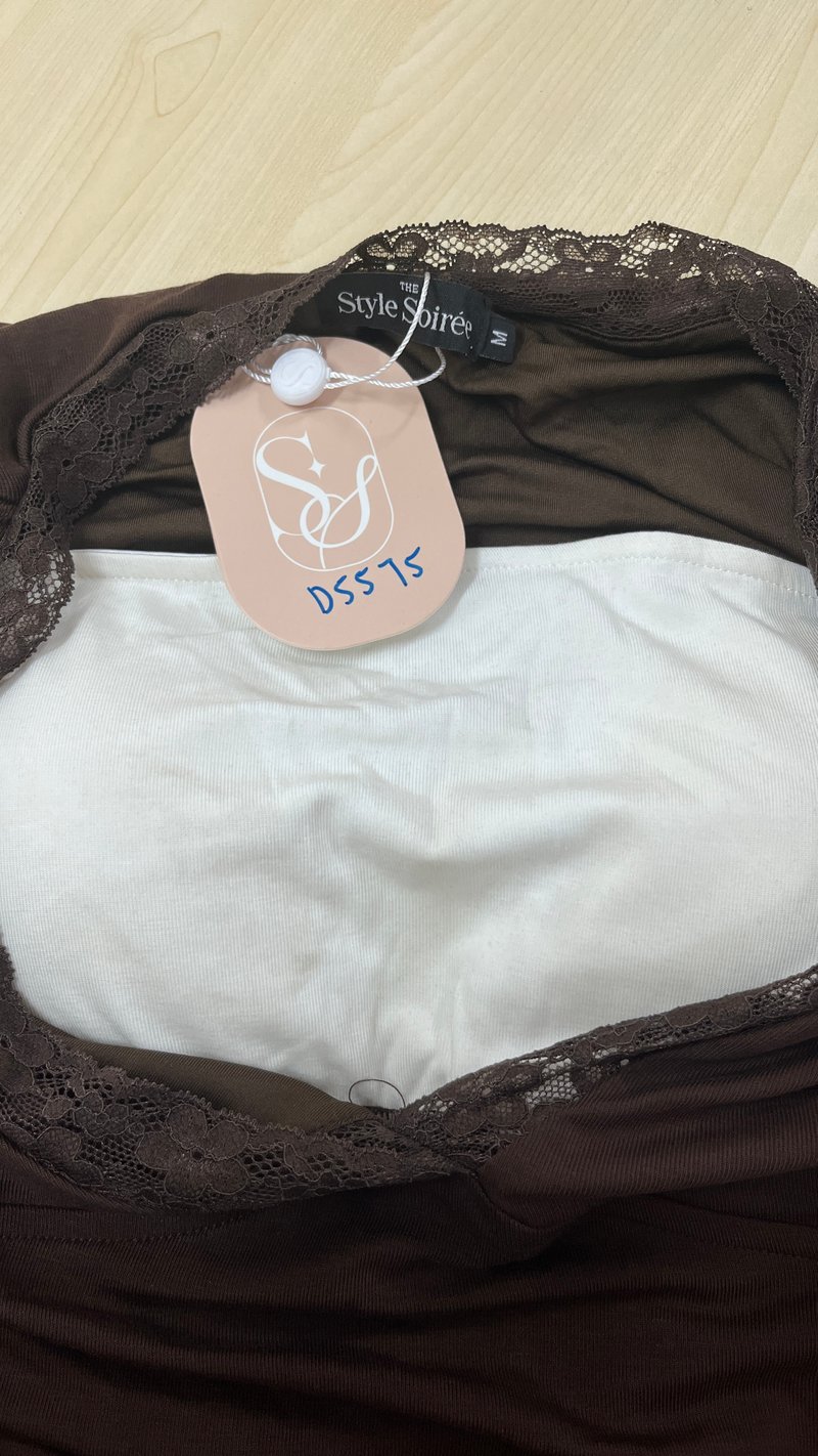 DEFECT | Lilah Lace Trim Layered Sleeved Top in Dark Brown x White in M