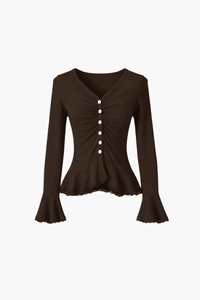 Parisa Pearl Peplum Cardigan Top in Dark Brown