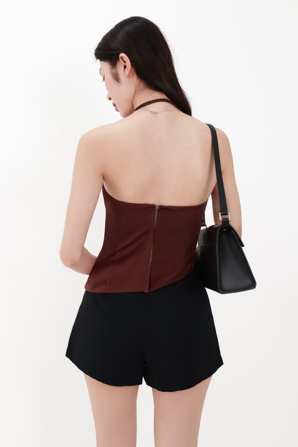 Saena Satin Tie Strap Top in Dark Brown