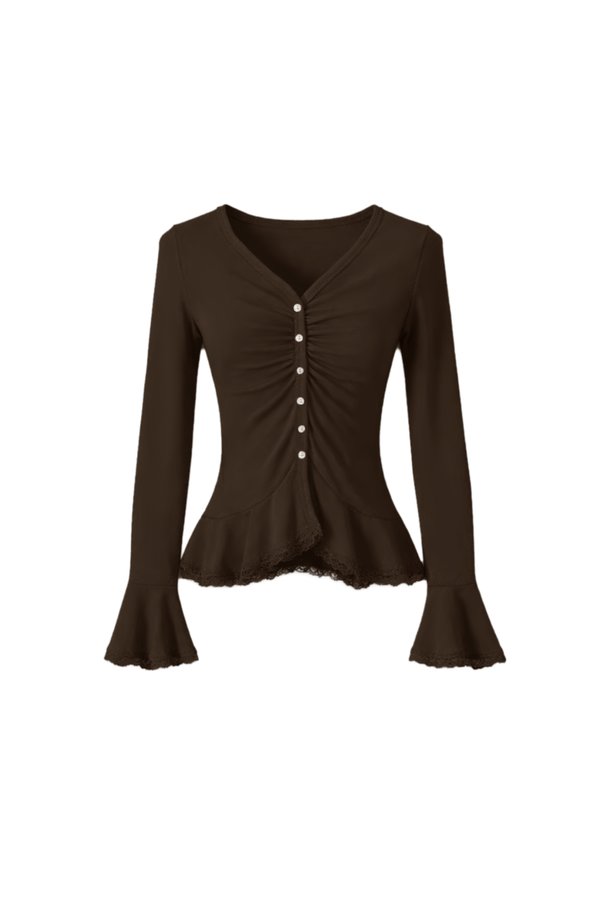 Parisa Pearl Peplum Cardigan Top in Dark Brown