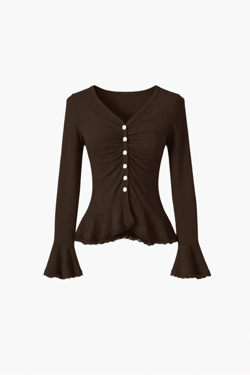 Parisa Pearl Peplum Cardigan Top in Dark Brown