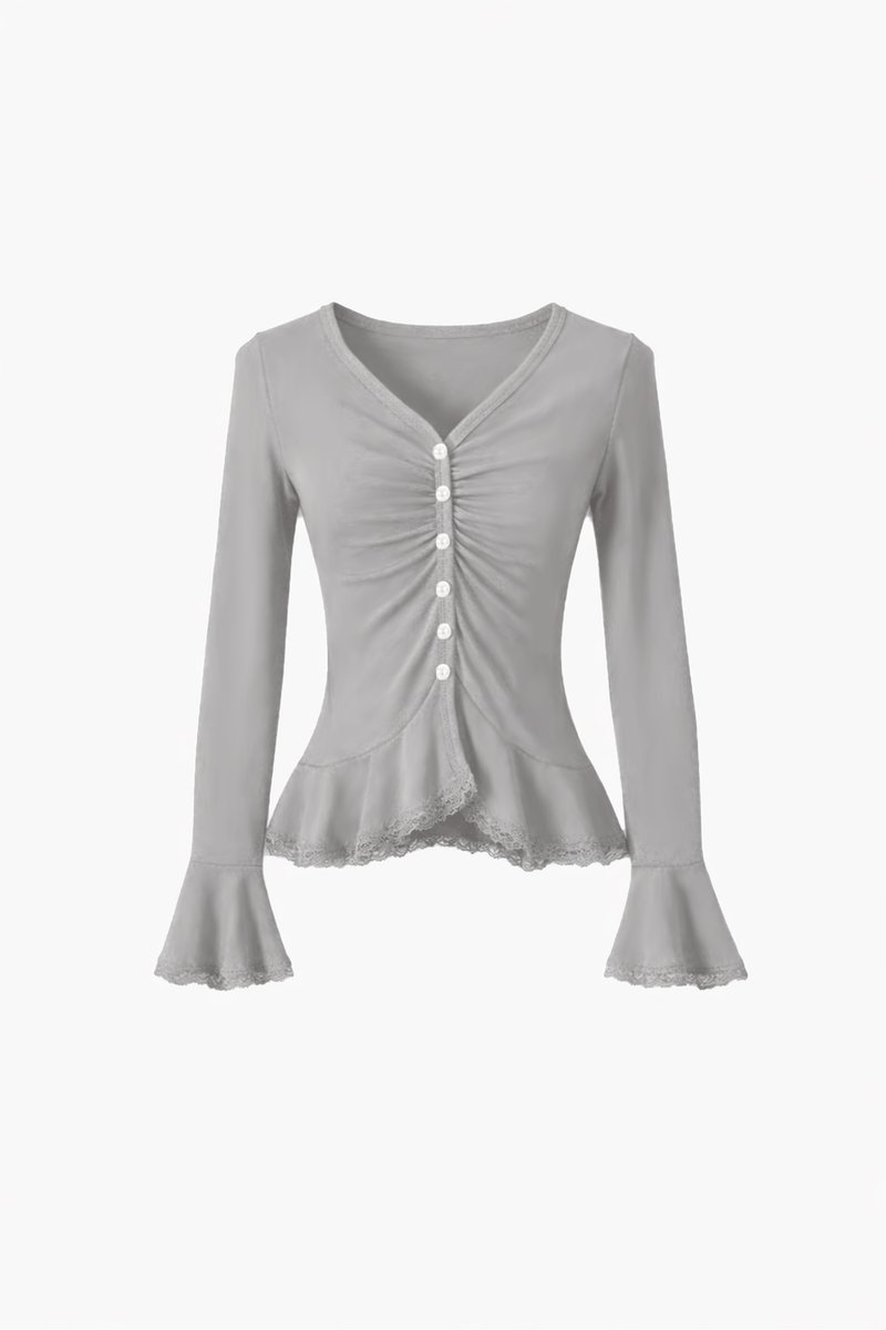 Parisa Pearl Peplum Cardigan Top in Grey