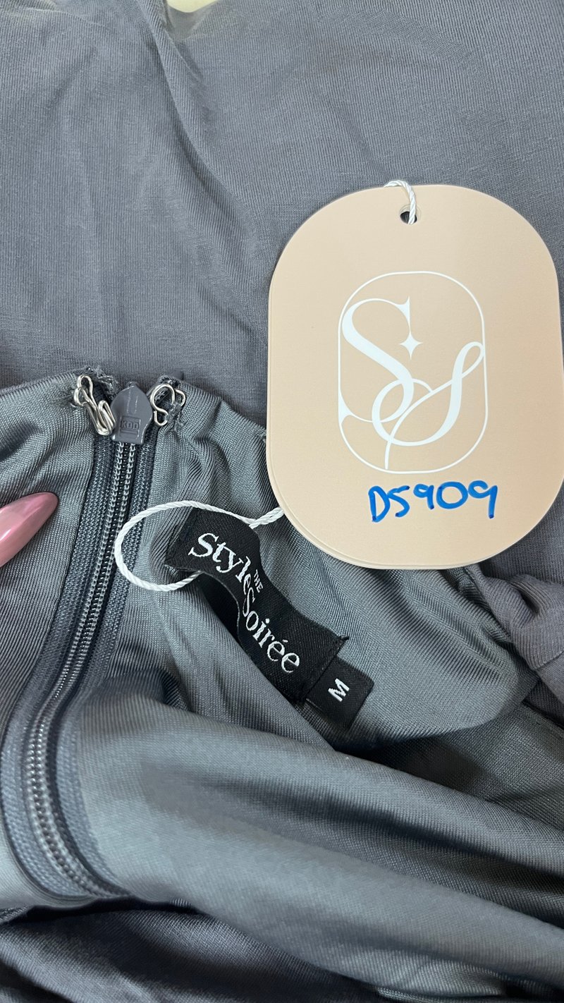 DEFECT | Mira Maxi Ruched Dress in Dark Grey ( Petite Length ) in M