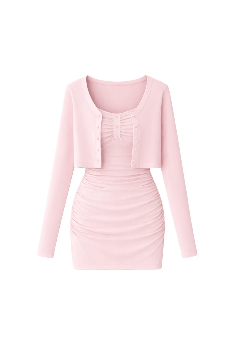 Chaewon Cardigan Romper Dress Set in Light Cool Pink