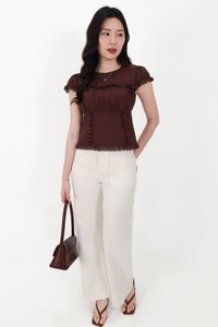 Sandra Sleeved Lace Trim Blouse in Dark Brown