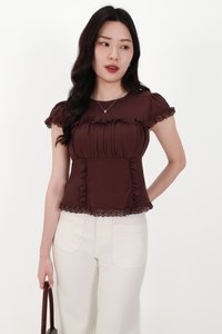 Sandra Sleeved Lace Trim Blouse in Dark Brown
