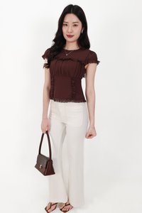 Sandra Sleeved Lace Trim Blouse in Dark Brown