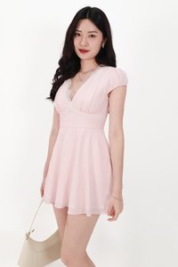 Lairie Lace Trim Romper Dress in Light Pink x White Lace
