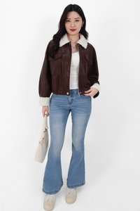 BACKORDER | Seira Shearling PU Leather Jacket in Dark Brown