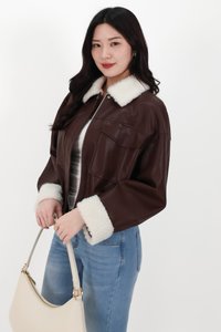 BACKORDER | Seira Shearling PU Leather Jacket in Dark Brown