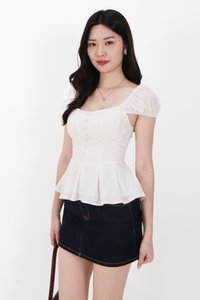 Pyonie Puffy Sleeve Peplum Top in White