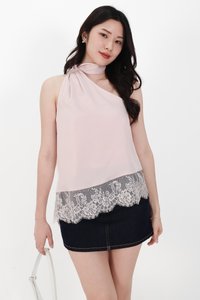 Arabelle Asymmetrical Lace Trim Top in Light Pink